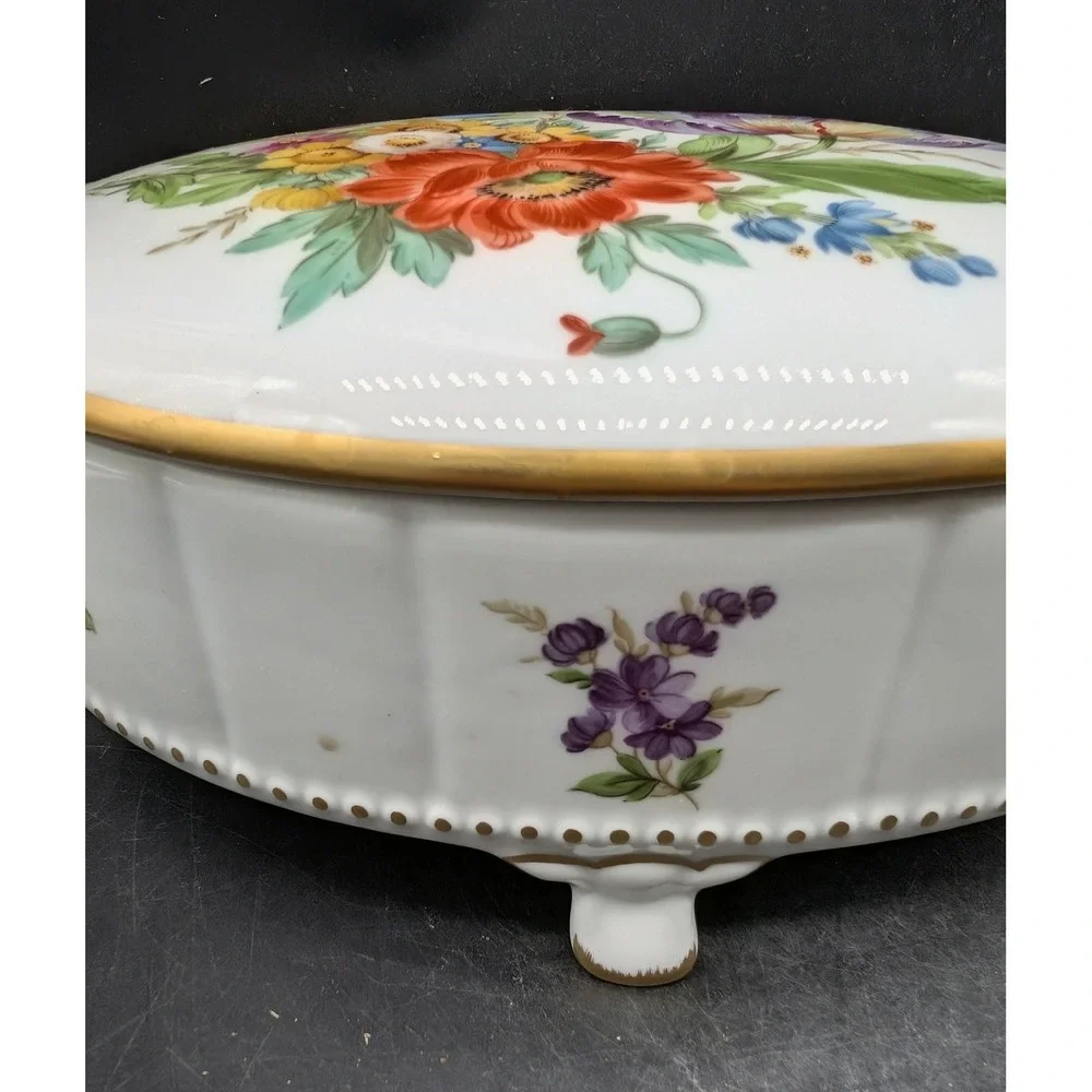 Vintage 1985 Handgemalt Lisa Ackermann Hand Painted Floral Porcelain Trinket Box
